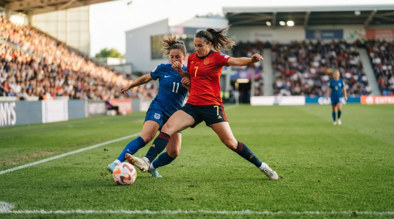 Jogadoras de futebol feminino em ação durante uma partida profissional em um estádio, com foco na disputa de bola e gramado em bom estado, iluminação natural de tarde, estilo fotog
