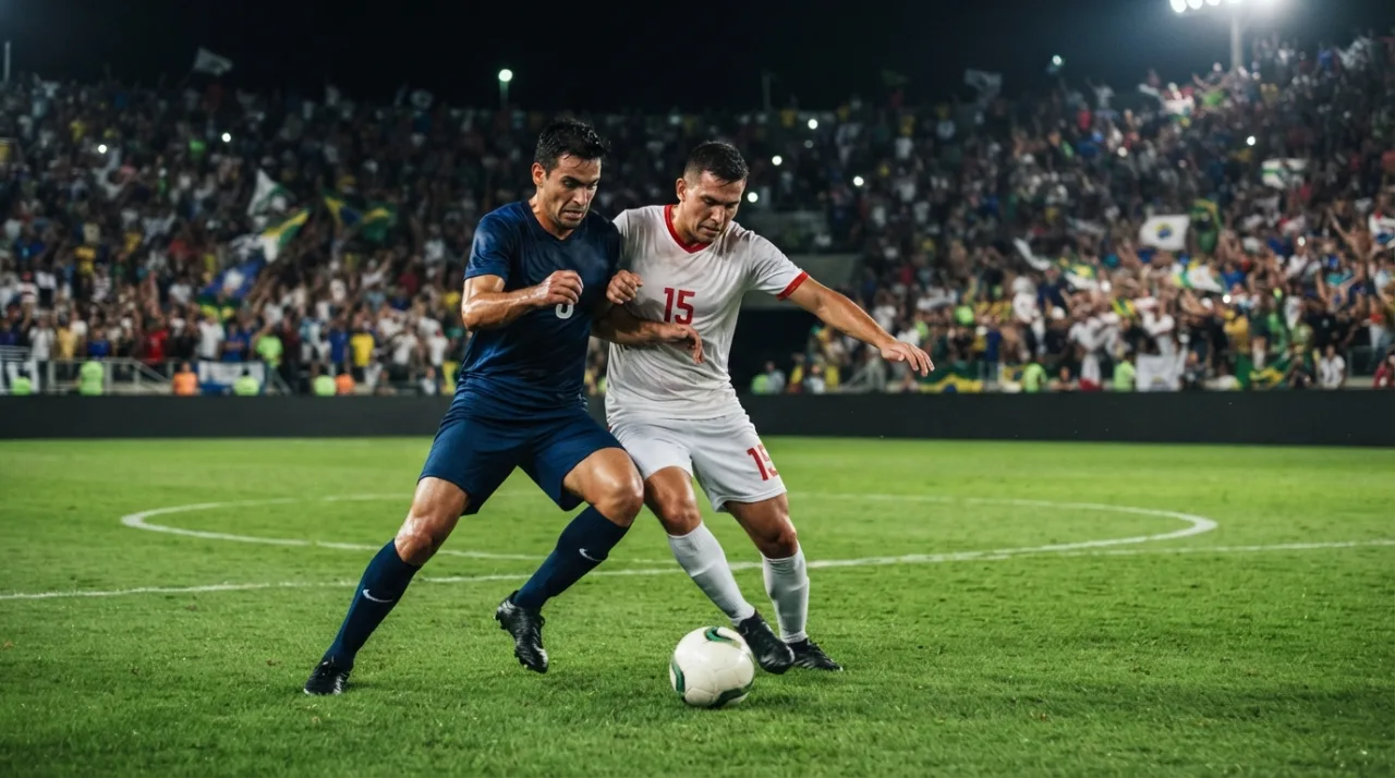 Jogadores de futebol profissionais em um estádio lotado durante uma partida noturna, foco na emoção e na tensão da disputa esportiva, gramado impecável, iluminação de holofotes pro