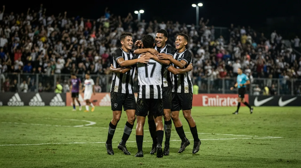 Jovens jogadores de futebol vestindo uniforme alvinegro comemorando em um gramado profissional durante um jogo noturno.
