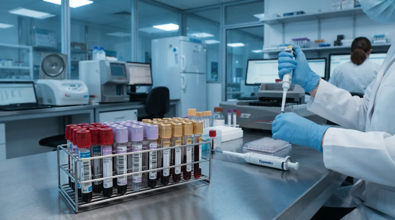 Laboratório médico moderno com equipamentos de alta tecnologia para análise de sangue, foco em frascos de amostras e ambiente clínico limpo, luz azulada e profissional com luvas ao