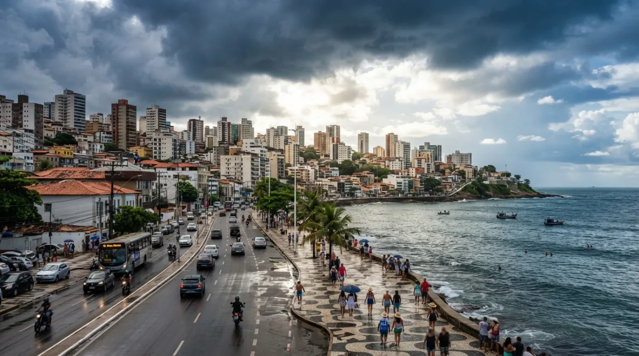 Paisagem urbana de uma cidade costeira brasileira sob céu com nuvens carregadas e sol forte, refletindo um dia de calor e umidade, estilo fotojornalismo realista.