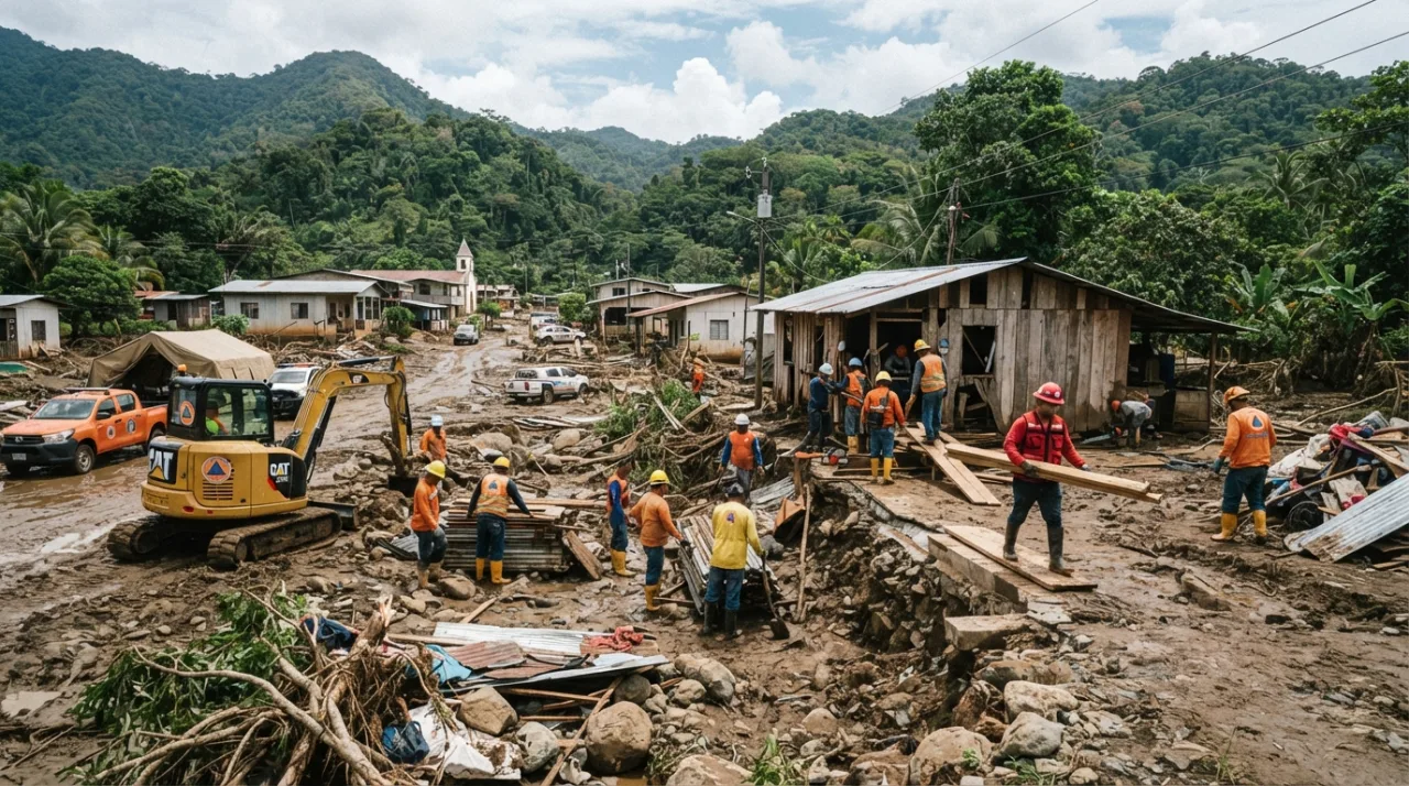 Paisagem urbana ou rural no Panamá com sinais de reconstrução e equipes de socorro em operação, fotografia jornalística realista sem presença de pessoas identificáveis.