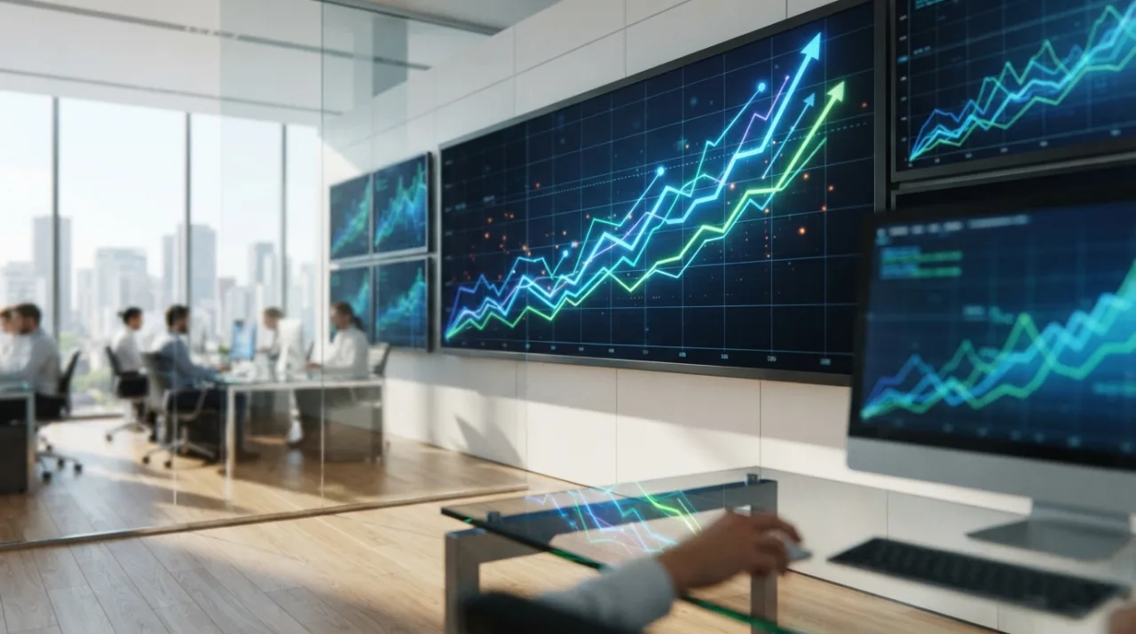 Representação abstrata de mercado financeiro, gráficos de linha subindo em tons de azul e verde, ambiente corporativo clean, foco em finanças e investimentos.