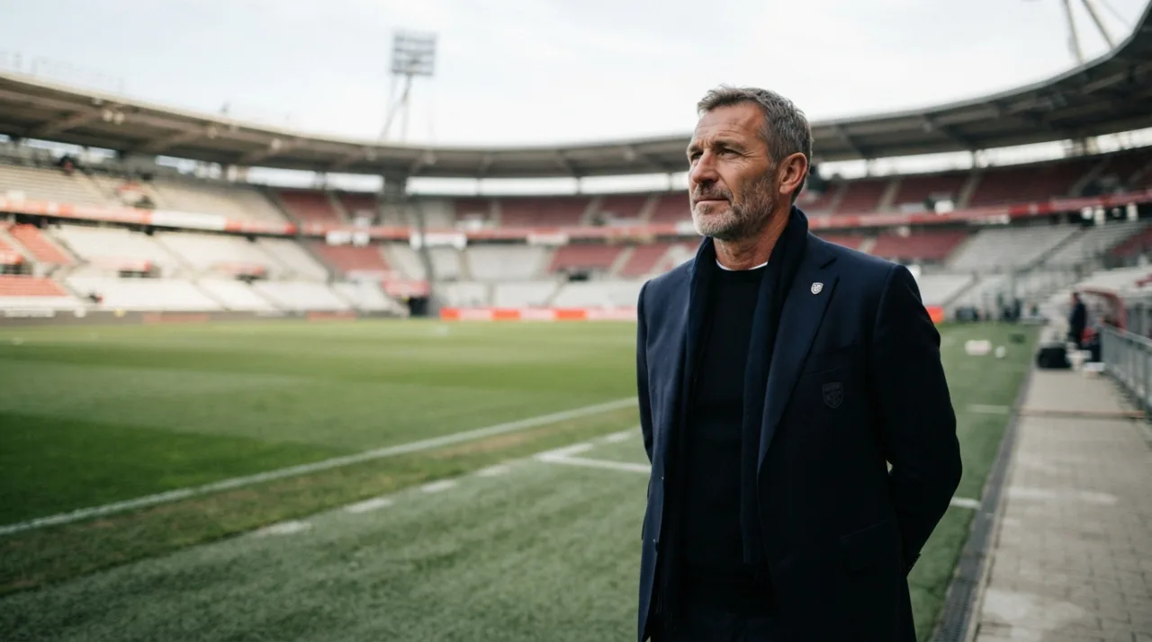 Retrato de um ex-jogador de futebol em um ambiente de estádio, iluminação clássica de fotografia esportiva, foco no rosto com expressão nostálgica e profissional.