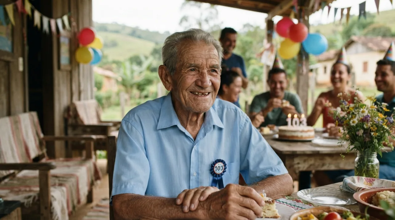 Retrato de um idoso centenário sorridente em uma festa de aniversário simples em um ambiente rural, iluminação natural, foco na expressão serena.