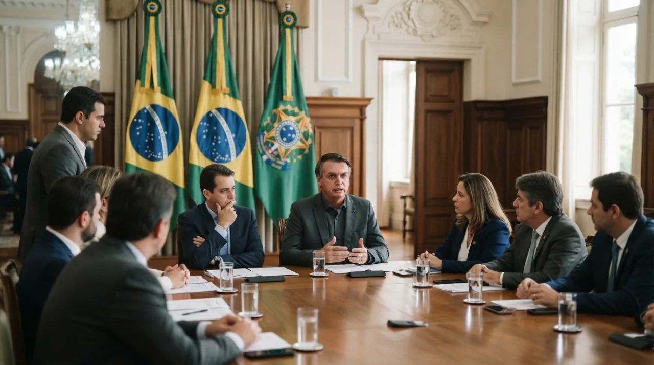 Reunião política de integrantes de um partido conservador com bandeiras do Brasil ao fundo, ambiente de salão nobre, sem texto, foco na seriedade institucional.
