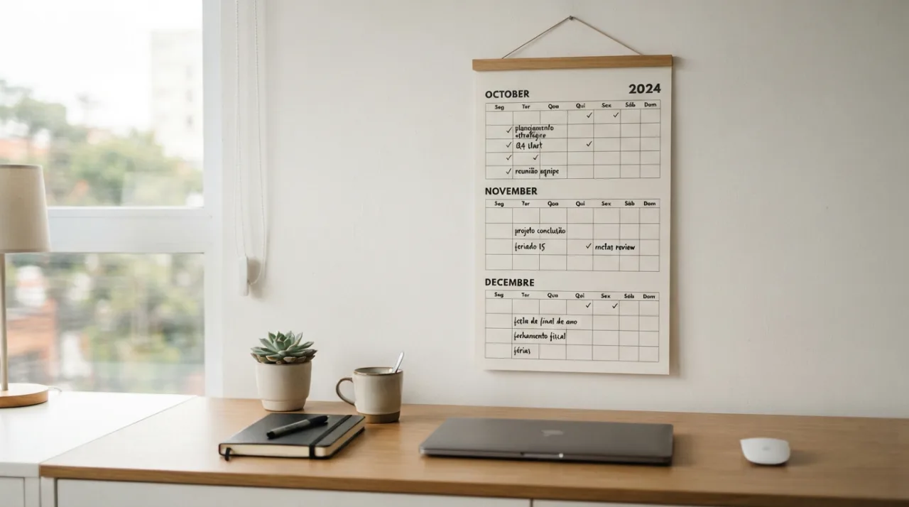 Um calendário de parede elegante e minimalista fixado em uma mesa de escritório limpa, destacando os meses de final de ano, com foco em planejamento, organização e produtividade, l