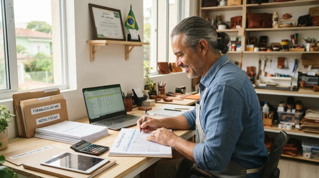 Um microempreendedor organizado em seu ambiente de trabalho pequeno, representando formalização e alívio financeiro, ambiente iluminado e profissional, estilo jornalístico.