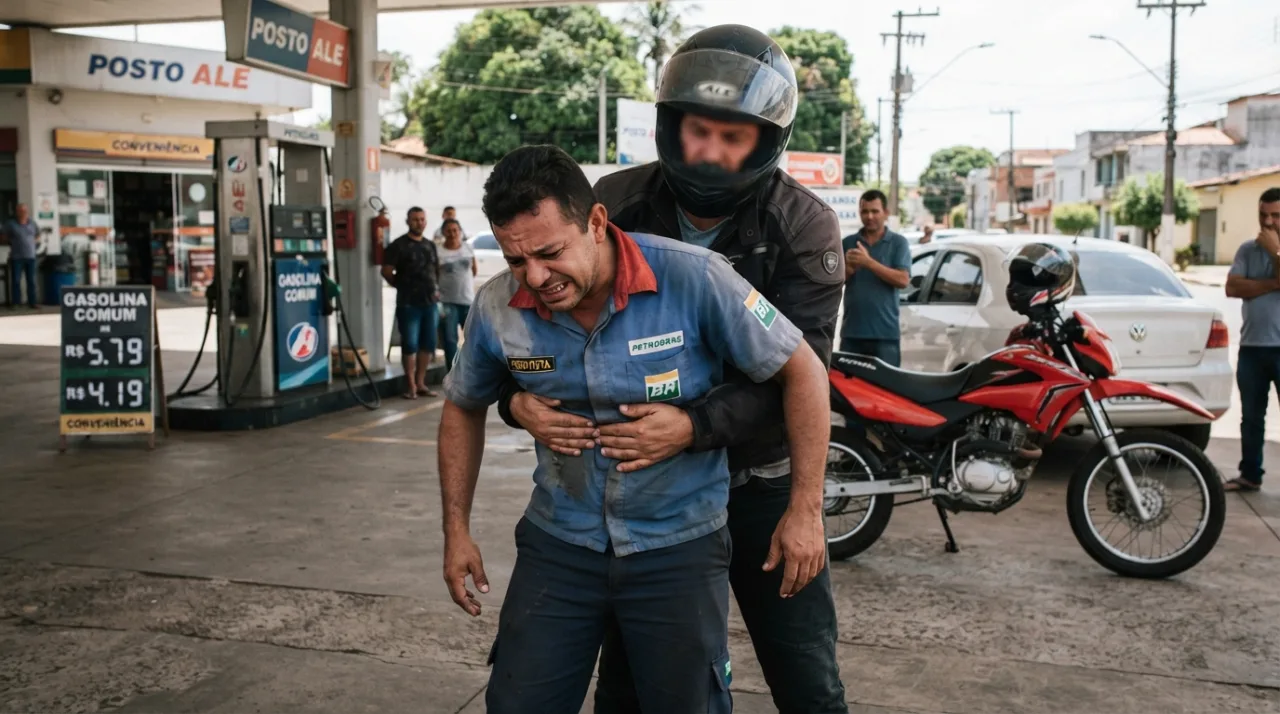 Uma cena realista mostrando um posto de combustíveis. Um homem vestindo uniforme de frentista parece estar com dificuldades respiratórias e um motociclista está atrás dele realizan