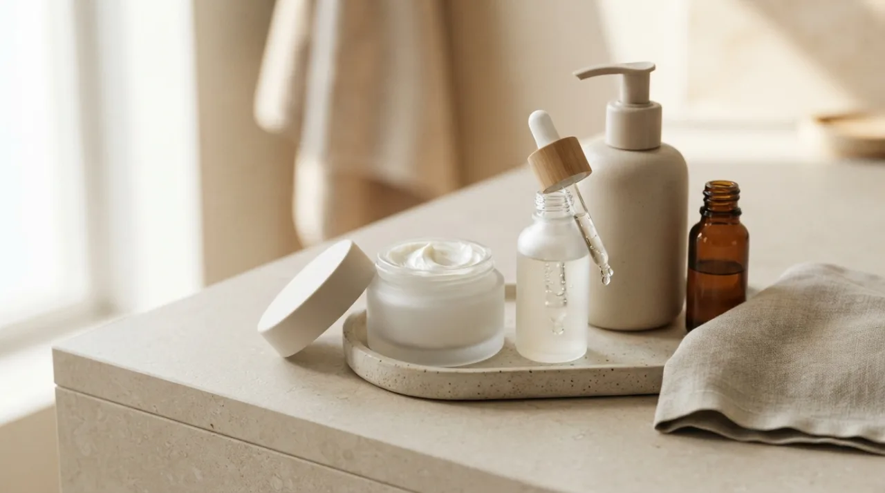 Uma composição minimalista e profissional de produtos de skincare em frascos neutros, organizada sobre uma bancada limpa, com iluminação natural suave e foco na textura de cremes e