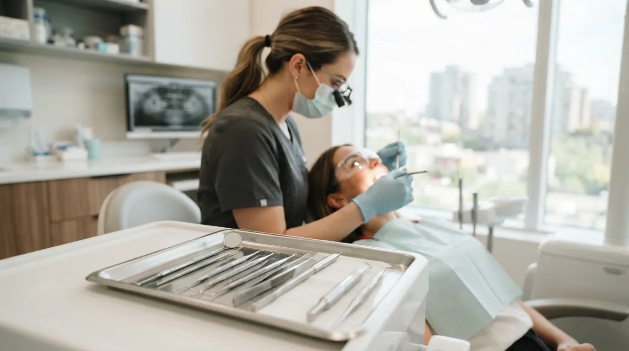Uma foto profissional de um consultório odontológico moderno, com foco em instrumentos de higiene e um ambiente acolhedor e iluminado, representando cuidado e prevenção em saúde.