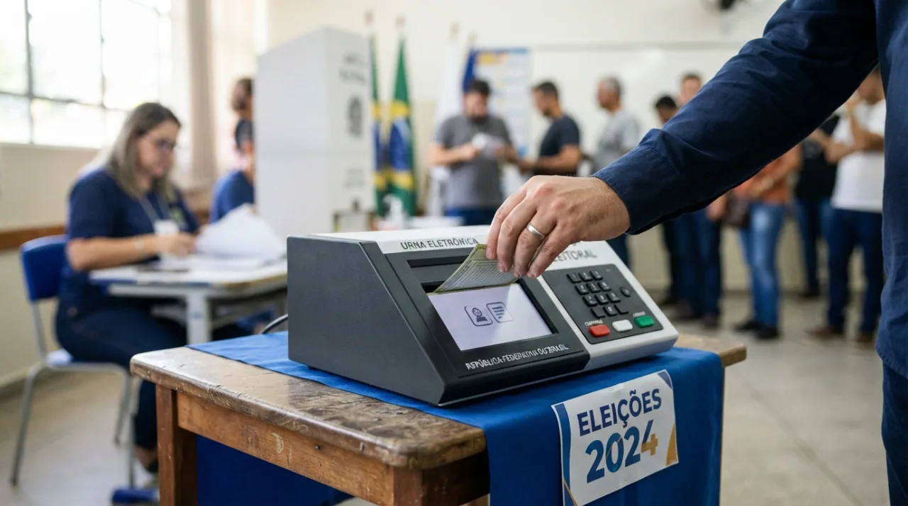 Uma fotografia realista de uma mão depositando o voto em uma urna eletrônica moderna em um ambiente de seção eleitoral bem iluminado, foco no ato de votar, atmosfera democrática e