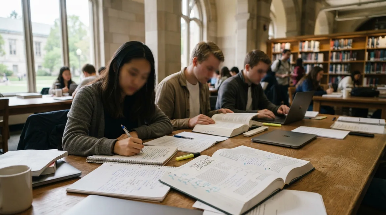 Uma imagem realista mostrando estudantes focados estudando em uma biblioteca iluminada, com foco em livros e papéis, transmitindo um ambiente de dedicação acadêmica e futuro educac