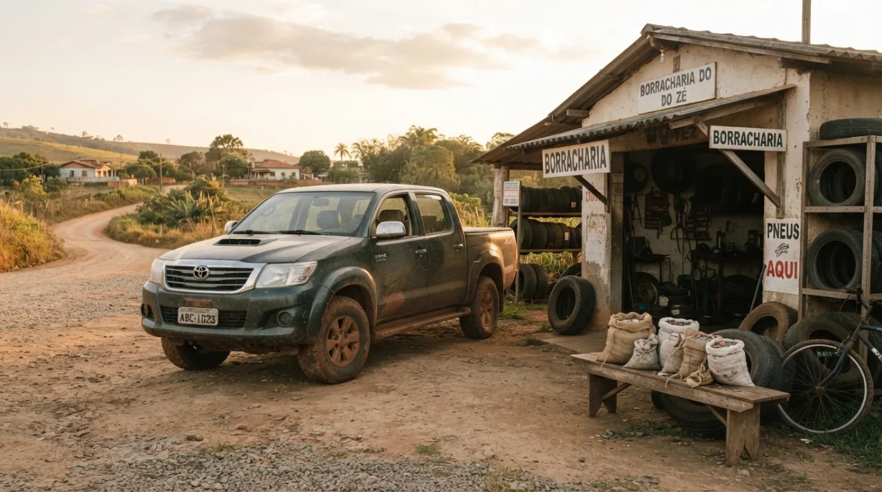 Uma picape robusta do modelo Hilux estacionada em frente a uma pequena borracharia rústica no interior, com sacos de moedas visíveis ao lado, iluminação de final de tarde, estilo f