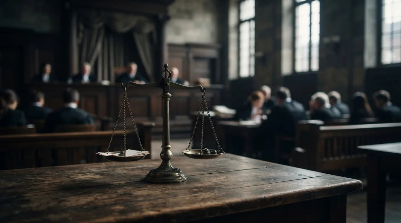 Uma representação simbólica de justiça, com uma balança em primeiro plano sobre uma mesa de madeira, ao fundo uma sala de tribunal desfocada e sóbria, luz dramática, alta resolução