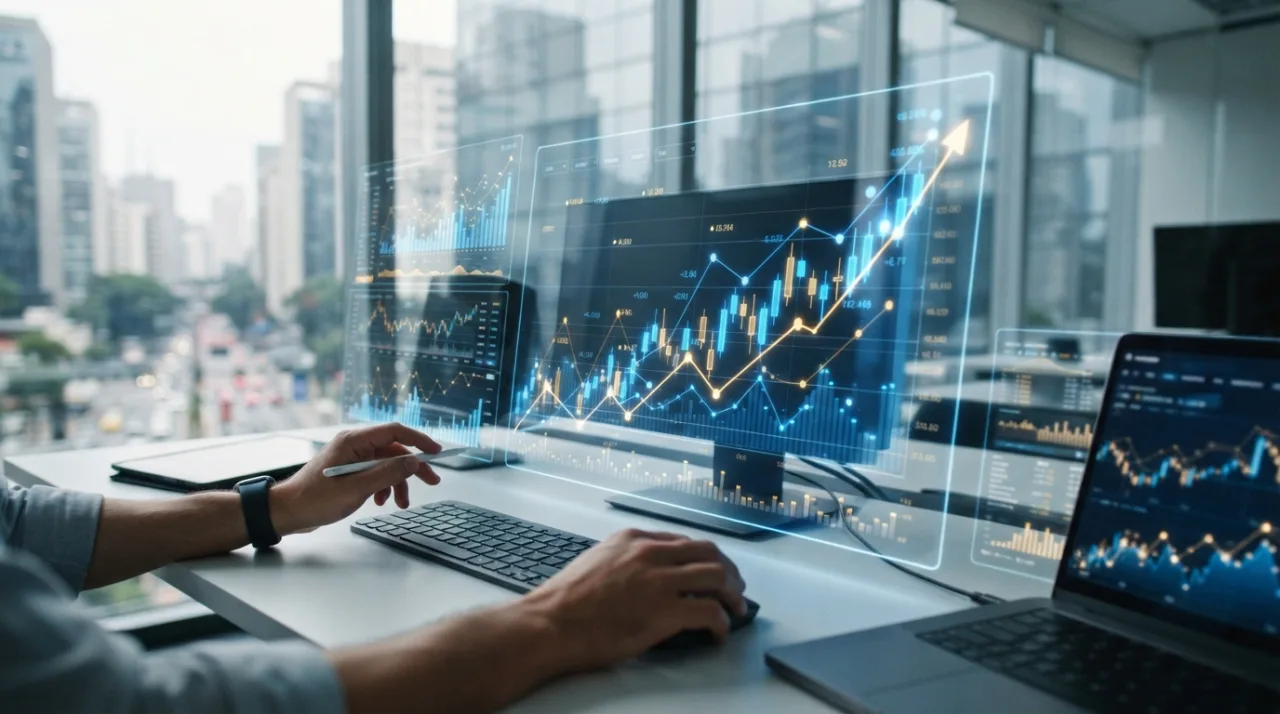 Uma representação visual abstrata e profissional sobre o mercado financeiro, mostrando gráficos financeiros em alta, números digitais em tons de azul e dourado, conceito de análise