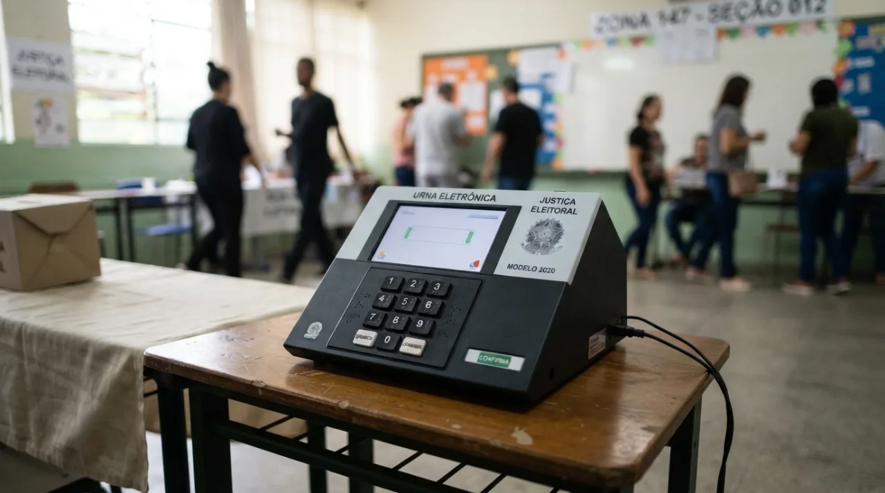 Uma urna eletrônica brasileira moderna em destaque sobre uma mesa de seção eleitoral, com foco no painel numérico e um ambiente escolar desfocado ao fundo, iluminação sóbria e inst