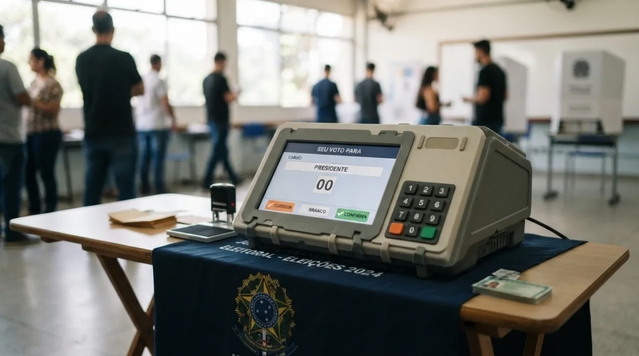 Uma urna eletrônica brasileira moderna em uma mesa de votação, foco seletivo no painel digital, ambiente iluminado, aspecto institucional e sóbrio, estilo jornalístico.