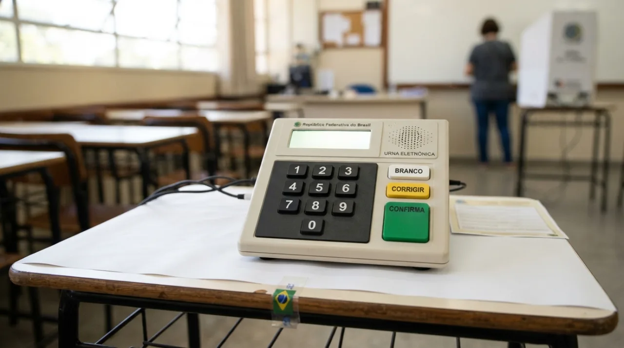 Uma urna eletrônica de votação brasileira em uma mesa de escola, ambiente iluminado e organizado, foco no teclado numérico, estilo fotojornalismo profissional.