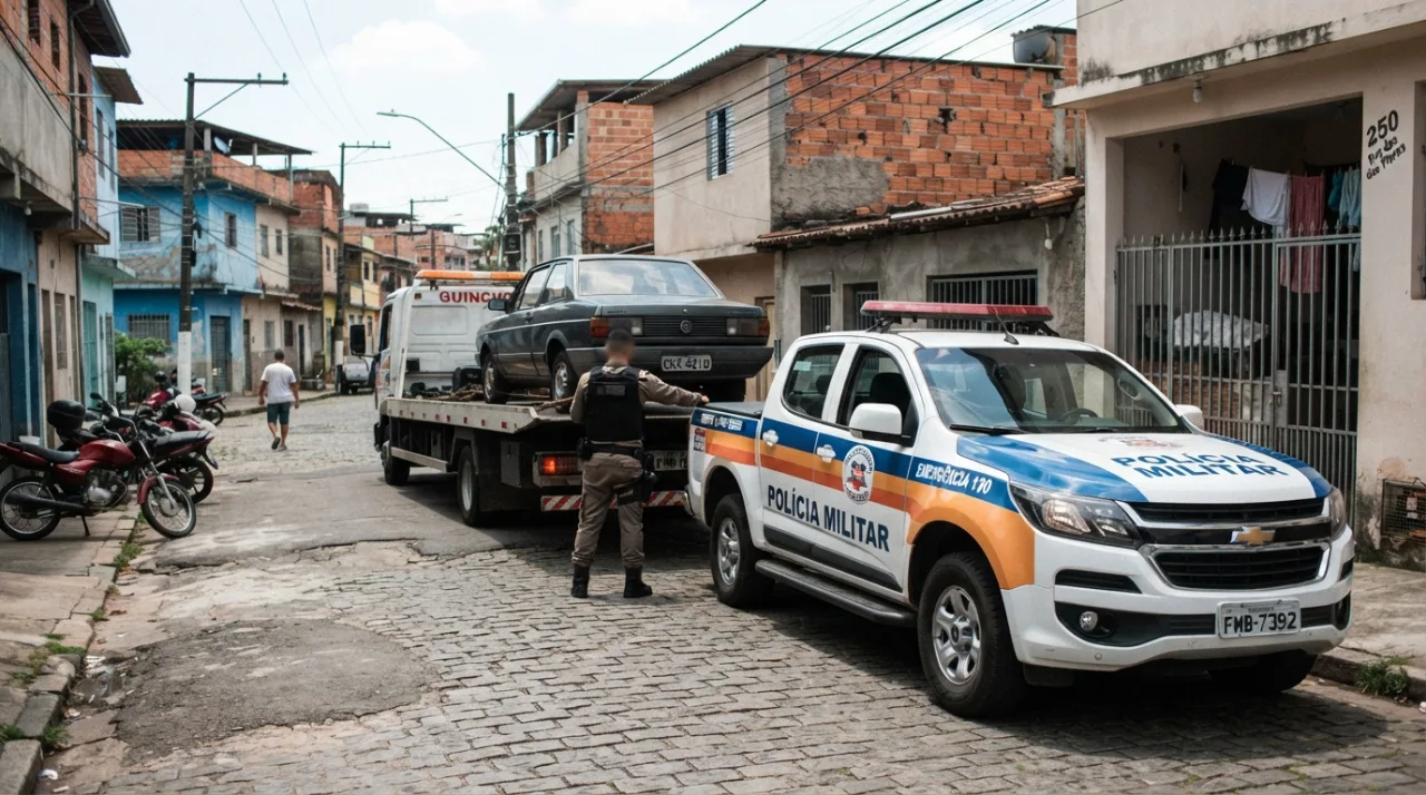Uma viatura da Polícia Militar parada em frente a uma residência urbana em bairro periférico, foco em segurança pública e apreensão de veículos, iluminação de dia, estilo foto jorn