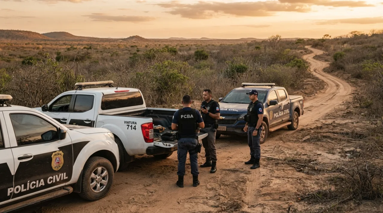 Viaturas da polícia em uma estrada de terra na zona rural do sertão brasileiro, luz do final de tarde, clima de investigação criminal, foco em viaturas e agentes em patrulhamento,