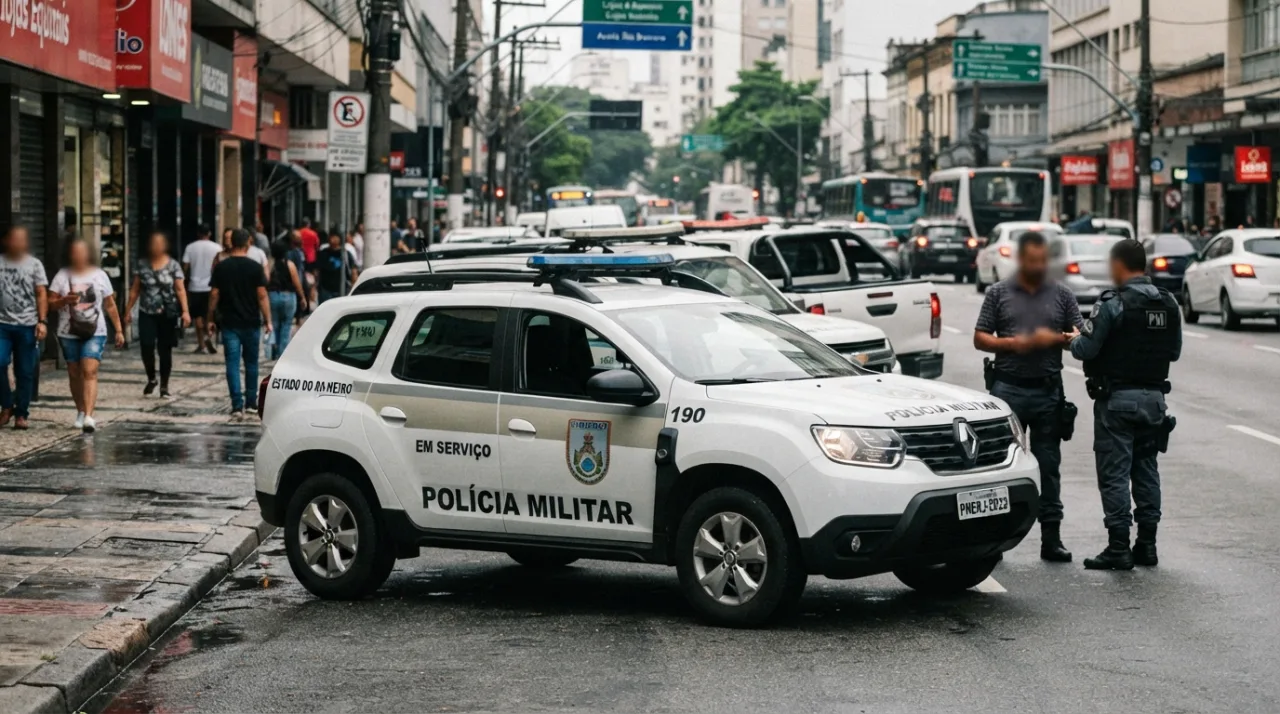 Viaturas da polícia em uma rua urbana durante operação de fiscalização, luz natural de dia, foco em viatura com emblema oficial, aspecto jornalístico e sóbrio.