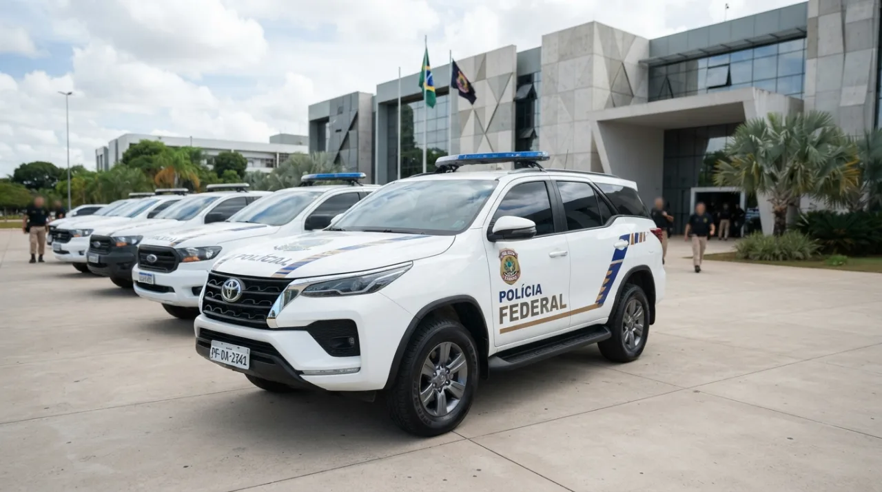 Viaturas da Polícia Federal estacionadas em frente a um prédio administrativo moderno sob luz do dia, foco em viatura com emblema institucional, estilo fotojornalismo.