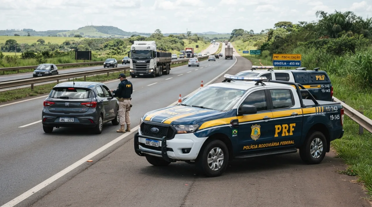 Viaturas da polícia rodoviária estacionadas em uma rodovia federal brasileira durante uma operação de fiscalização durante o dia, foco realista e jornalístico.