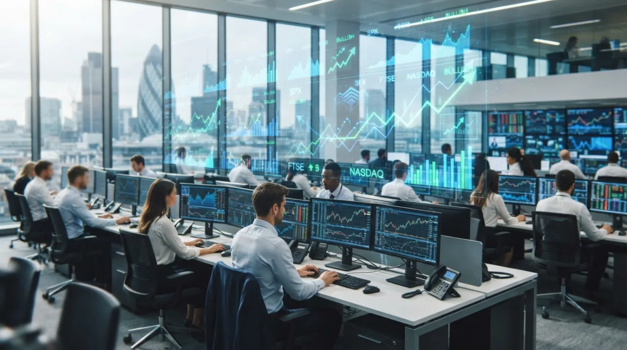 Vista de um moderno centro de operações financeiras com gráficos digitais flutuantes e números em tons de azul e verde, simbolizando alta na bolsa de valores, estilo jornalístico p