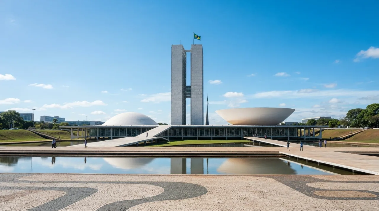 Vista externa do prédio do Congresso Nacional em Brasília em um dia claro, simbolizando o poder legislativo e a política nacional.