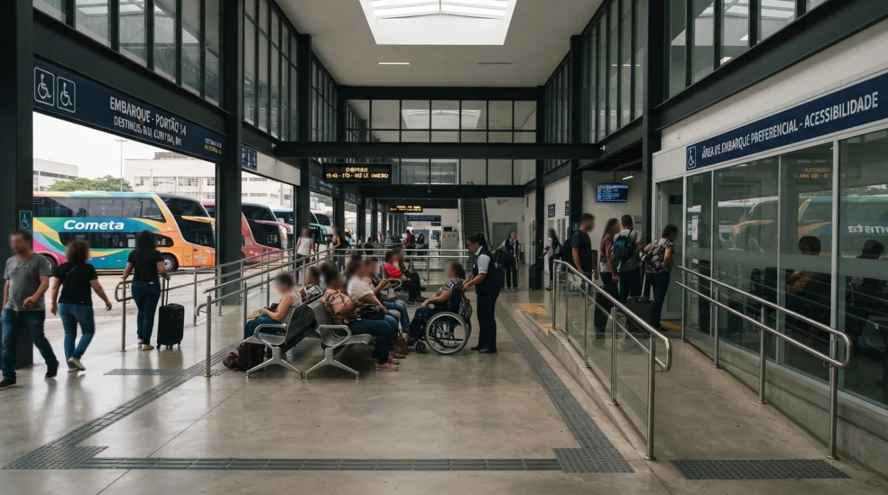 Vista interna de um terminal rodoviário brasileiro moderno com passageiros aguardando ônibus, luz natural, foco em organização e acessibilidade, estilo fotojornalismo profissional,