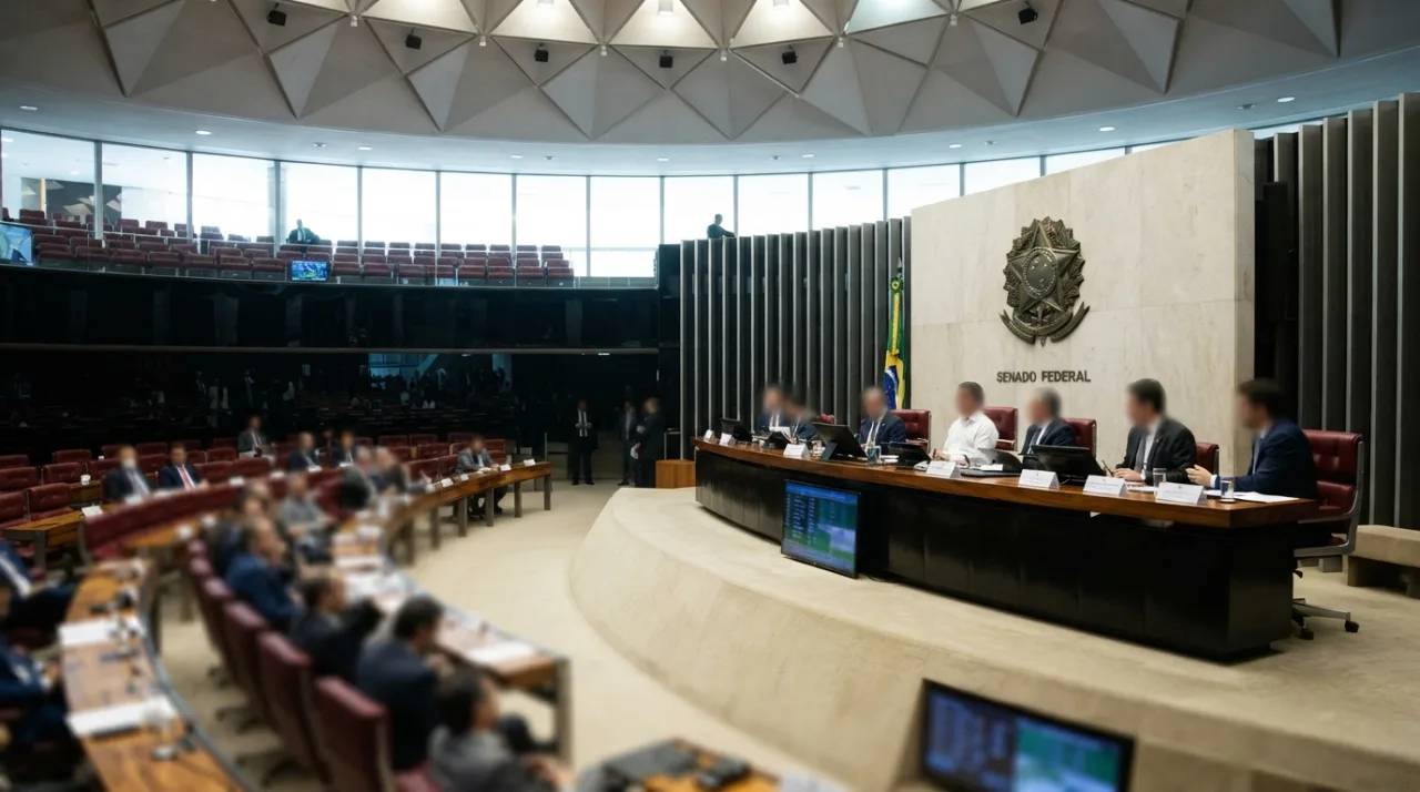 Vista interna do plenário do Senado Federal com foco na mesa diretora, ambiente solene e institucional, estilo foto jornalística.