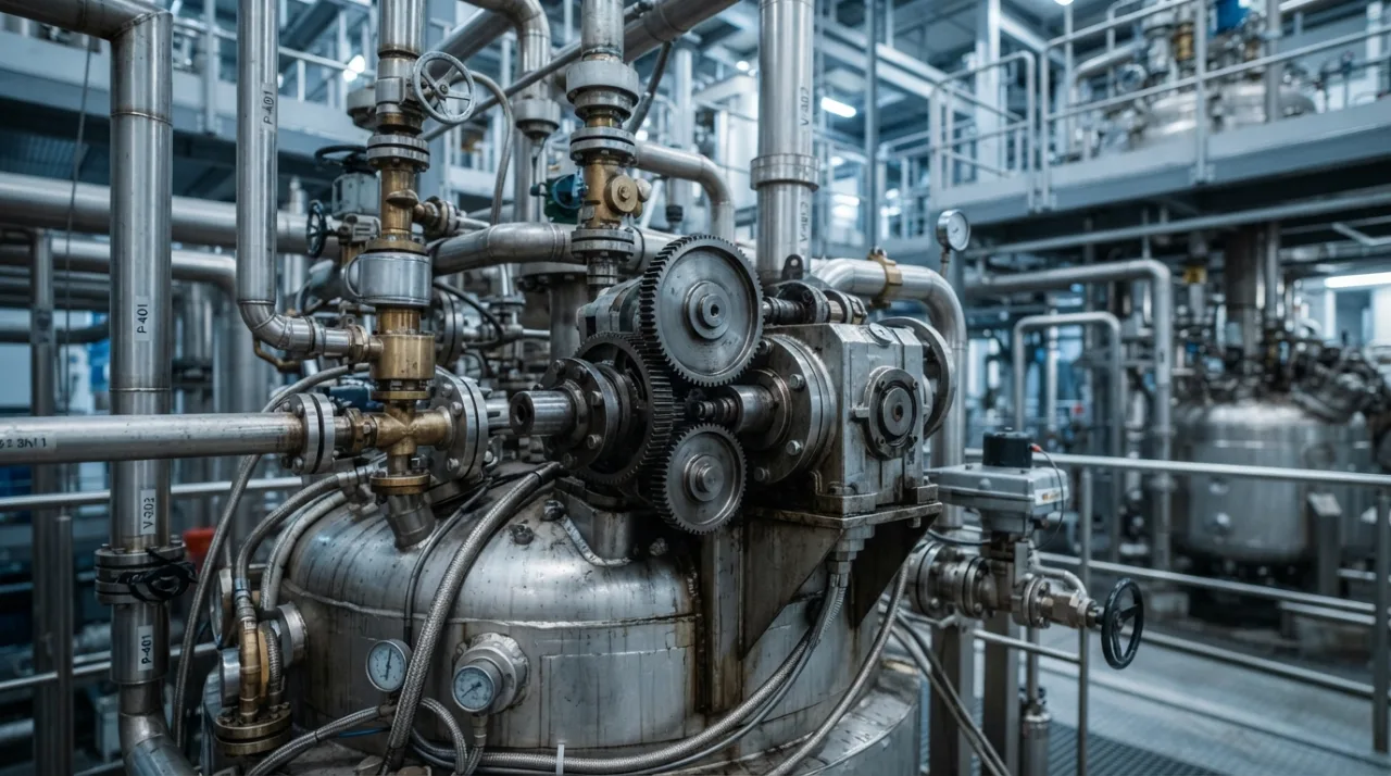Vista macro de reatores industriais modernos em uma fábrica de produtos químicos, iluminação técnica fria, foco em engrenagens e tubulações de aço inoxidável, estilo fotográfico de