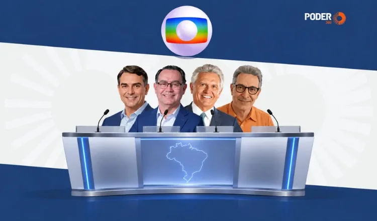 Estúdio de televisão moderno com iluminação profissional, ao centro um mapa do Brasil em estilo gráfico, ambiente de debate político sério e sóbrio, plano aberto, sem pessoas.