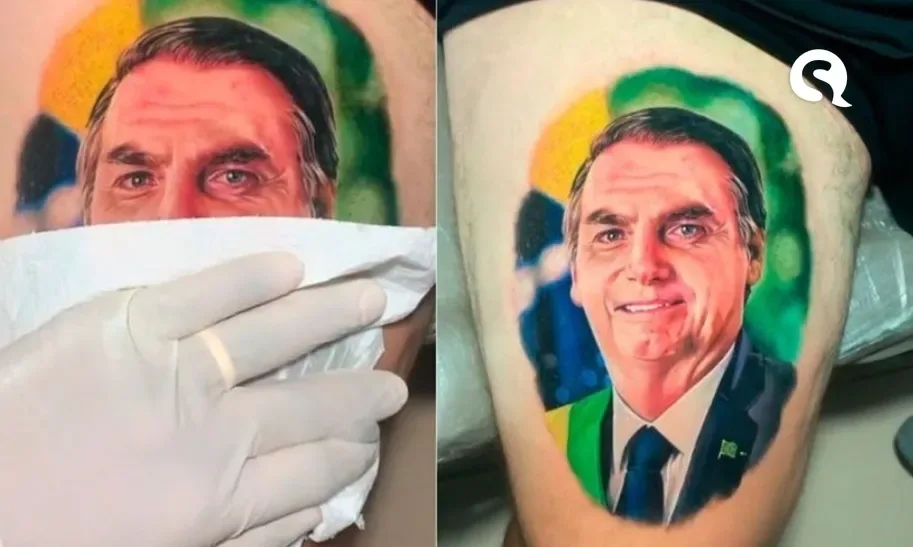 Em Alagoas, homem tatua rosto de Bolsonaro na coxa direita