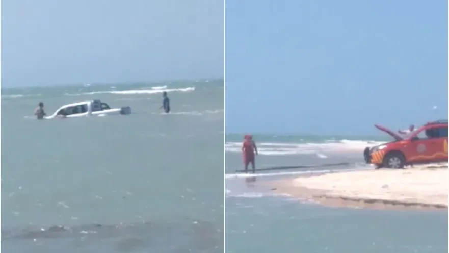 Picape de turista atola, e veículo fica quase submerso no mar de Jijoca de Jericoacoara