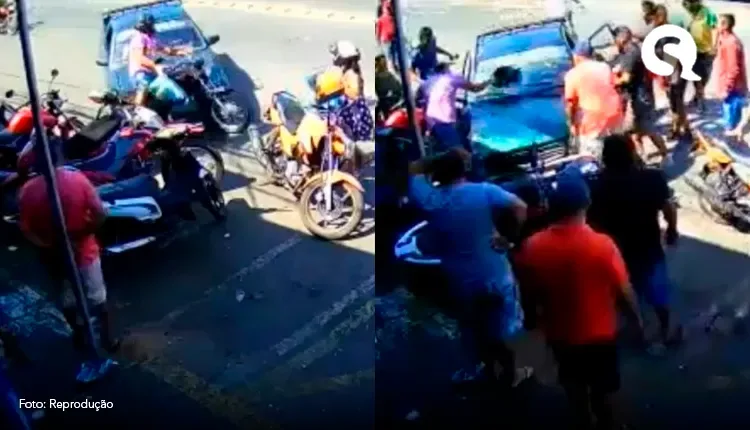 Vídeo: carro desgovernado atinge motociclista, vítima levanta e quebra com o capacete o vidro do veículo no Ceará