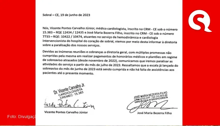Médicos informam que irão paralisar atendimento em um dos setores vitais do Hospital do Coração de Sobral