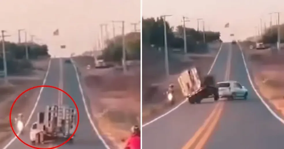 Motorista perde controle de carro com paredão e quase atinge moto com três passageiros, em Morada Nova