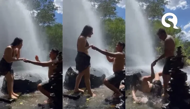 Vídeo: Pedido de noivado em cachoeira de Ubajara viraliza com deslize da noiva