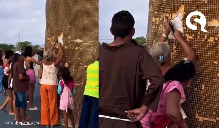 Boato sobre chá milagroso leva fiéis a arrancarem ladrilhos de estátua de São Francisco em Canindé