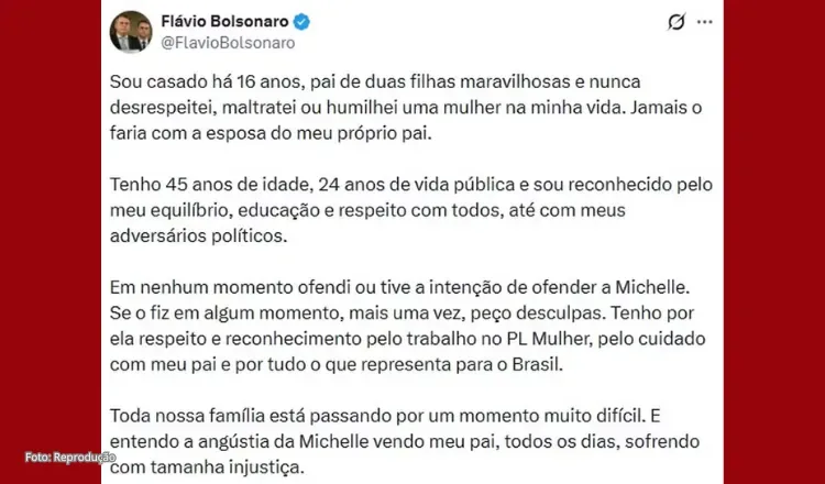 Flávio Bolsonaro pede desculpas e diz que Michelle gravou vídeo após não retornar mensagem dele